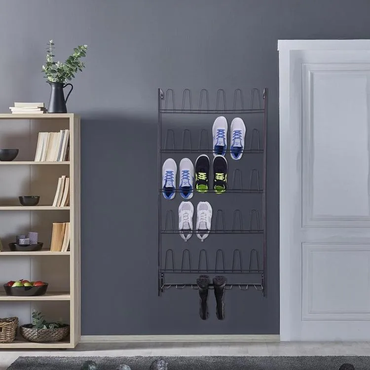 18 Pair Black Metal Wall Mounted Shoe Organizer Rack