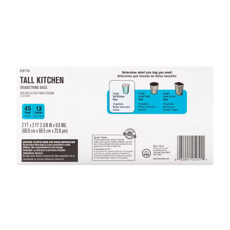 Ace 13 gal Tall Kitchen Bags Drawstring 45 pk 0.9 mil