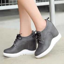 Amozae Fashion Wedges Sneakers Women Spring Autumn Comfort Hidden Platform Casual Shoes Women Lace-up Wedge Heels Grey White Sneakers