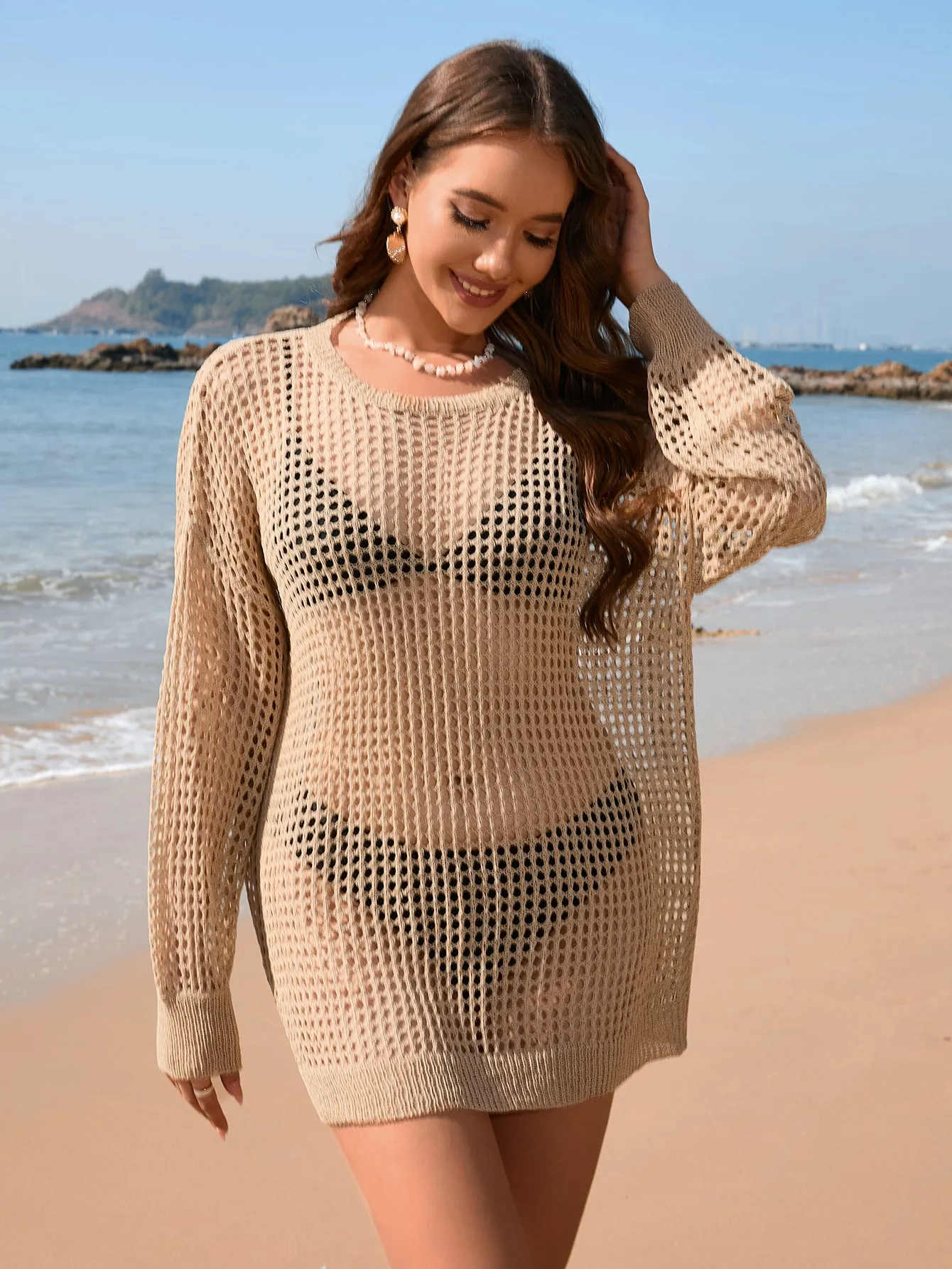 Backless Knit Loose Solid Bikini Beach Cover-Up