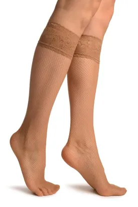 Beige Fishnet With Silicon Lace Socks Knee High