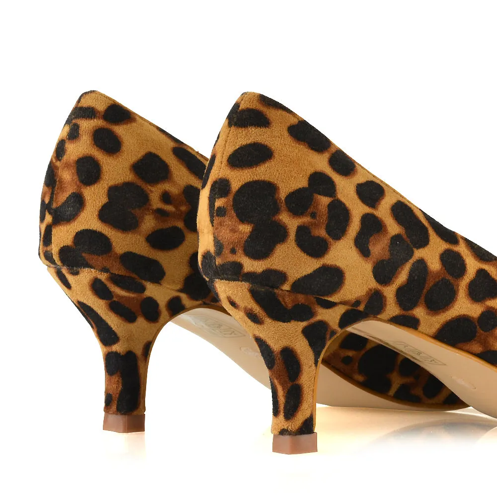 Cali Pointed Toe Slip on Low Stiletto Kitten High Heel Court Shoes in Leopard