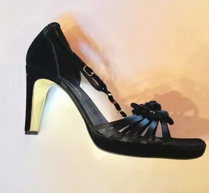 Chanel Black Camellia Flower Velvet Strap Sandal Heels EU 40 US 9.5