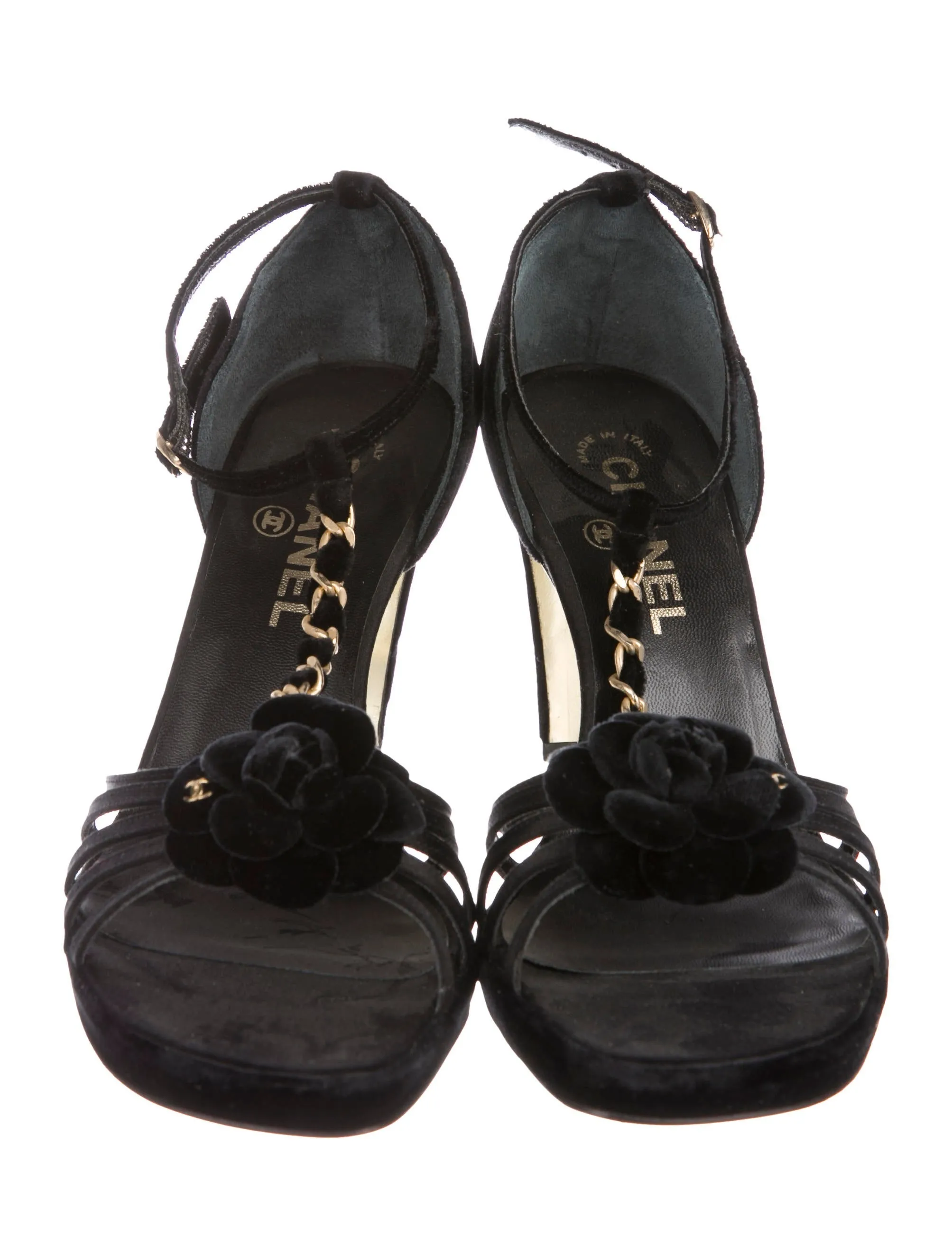 Chanel Black Camellia Flower Velvet Strap Sandal Heels EU 40 US 9.5