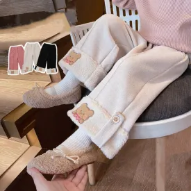Embroidered Bear Winter Plush Wide-Leg Pants