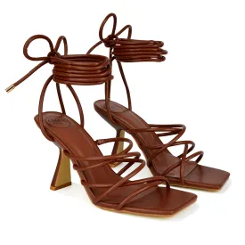 Everlee Strappy Lace Up Thin BlocK Square Toe Heel Sandals in Brown Synthetic Leather