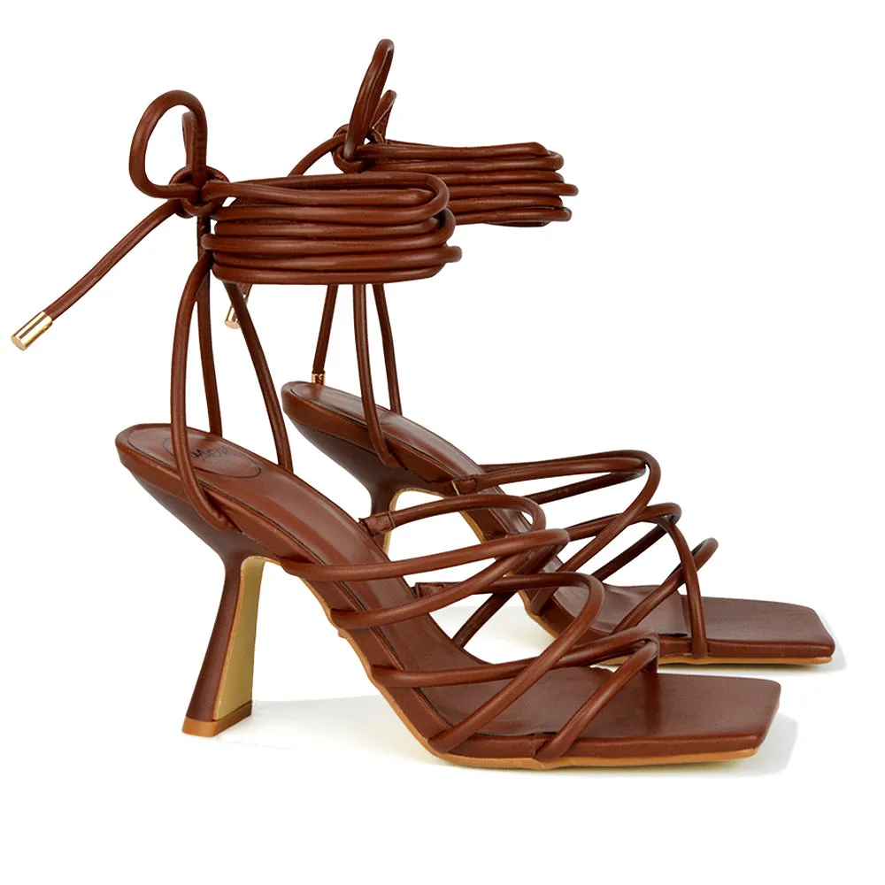 Everlee Strappy Lace Up Thin BlocK Square Toe Heel Sandals in Brown Synthetic Leather