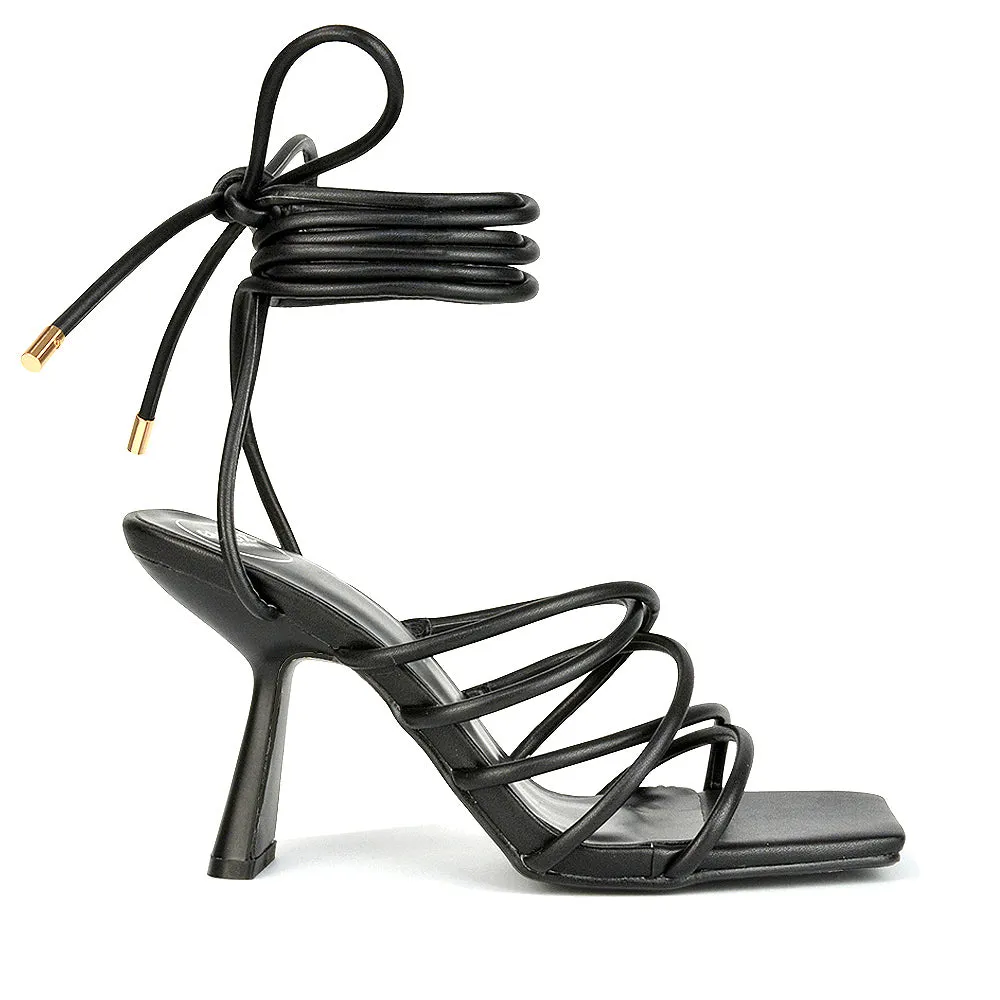 Everlee Strappy Lace Up Thin BlocK Square Toe Heel Sandals in Brown Synthetic Leather