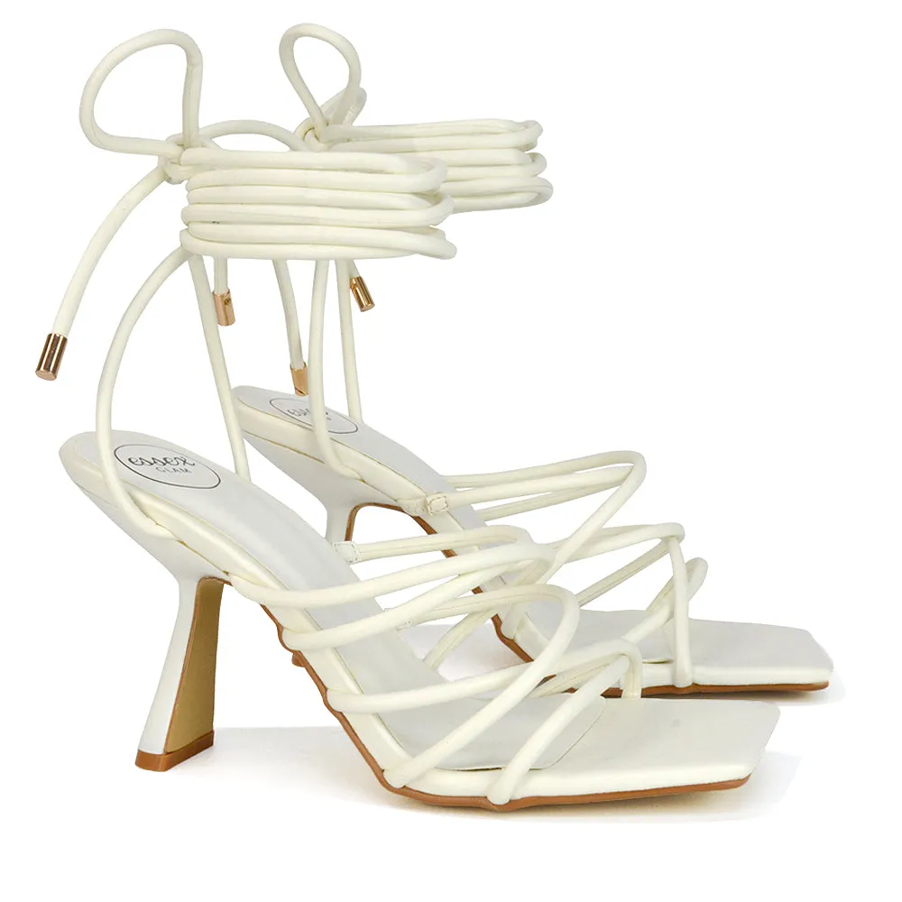 Everlee Strappy Lace Up Thin BlocK Square Toe Heel Sandals in Brown Synthetic Leather