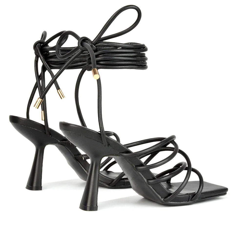 Everlee Strappy Lace Up Thin BlocK Square Toe Heel Sandals in Brown Synthetic Leather