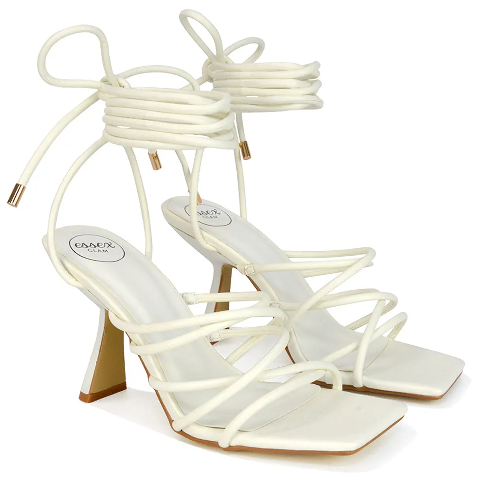 Everlee Strappy Lace Up Thin BlocK Square Toe Heel Sandals in Brown Synthetic Leather