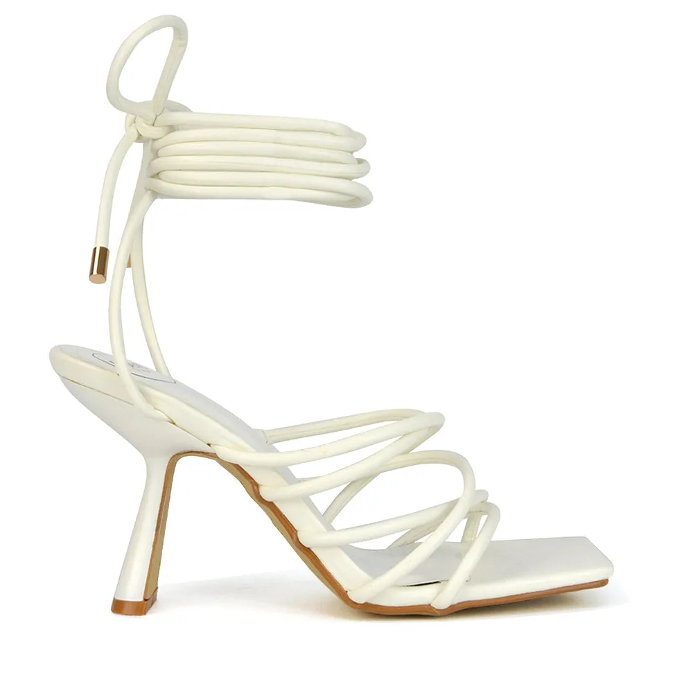 Everlee Strappy Lace Up Thin BlocK Square Toe Heel Sandals in Brown Synthetic Leather