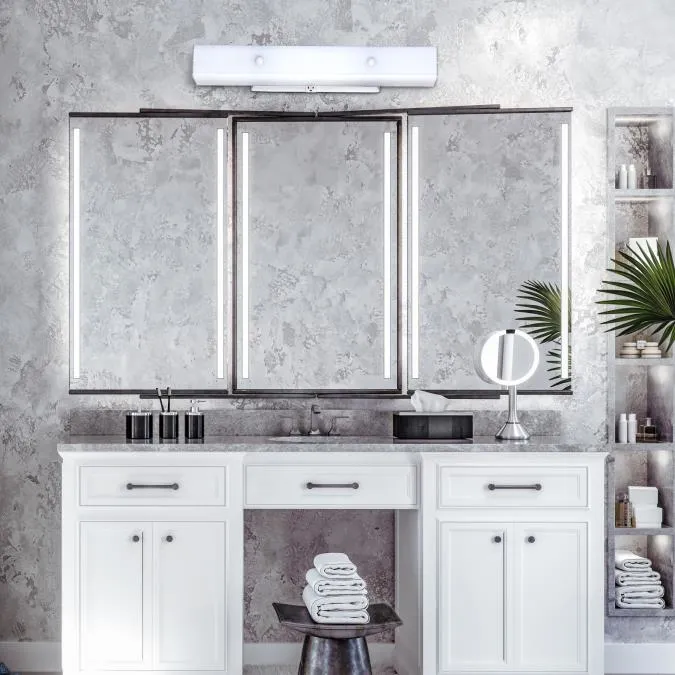 Four-Light Interior Wall Fixture with Ground Convenience Outlet, White Finish Base with White Ceramic Glass