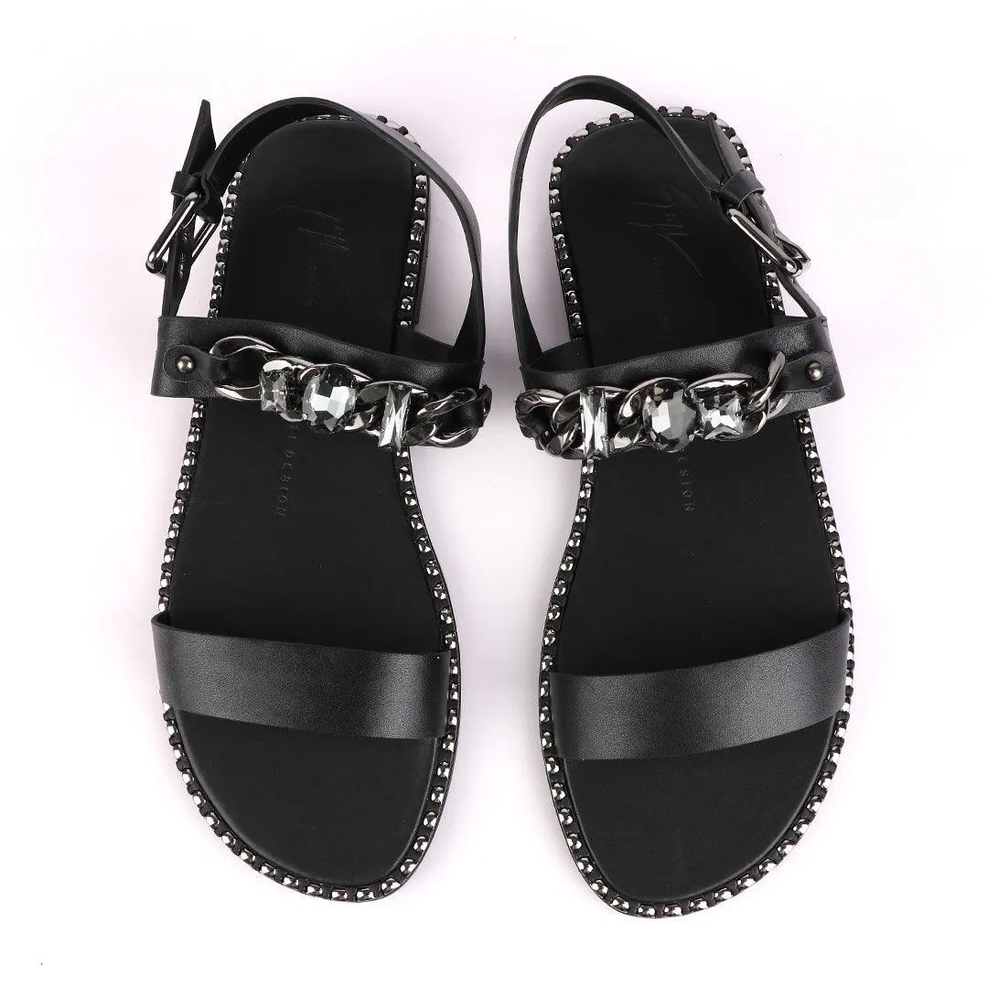 Giuseppe Zanotti Black Chain With Stone Design  Leather Sandal
