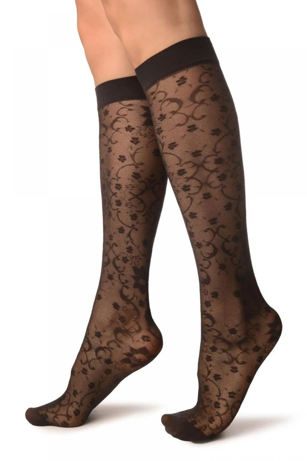Grey Orchids On Lace Socks Knee High
