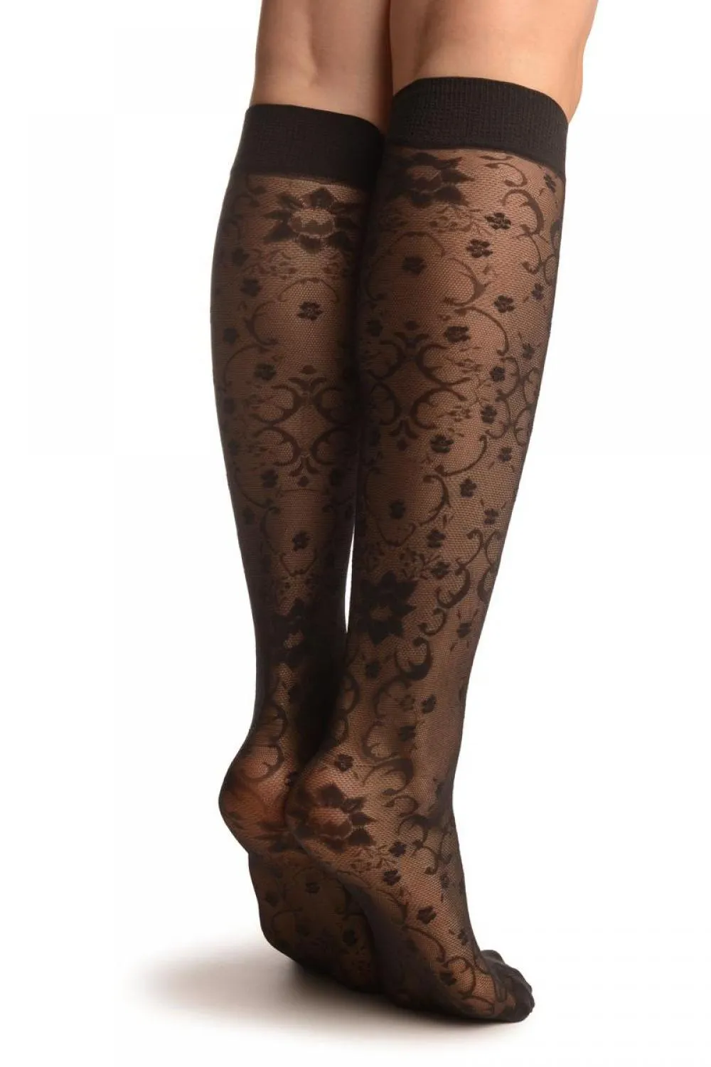 Grey Orchids On Lace Socks Knee High
