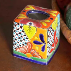 Hand-Painted Talavera Ceramic Tissue Box Cover from Mexico - Folk Art Convenience | NOVICA