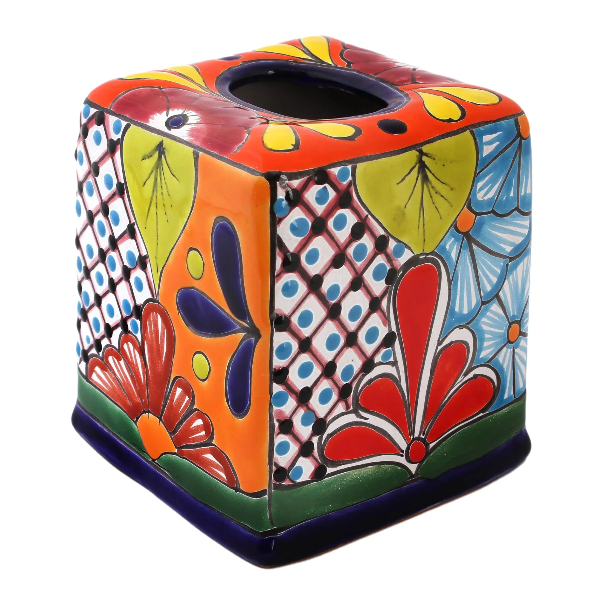 Hand-Painted Talavera Ceramic Tissue Box Cover from Mexico - Folk Art Convenience | NOVICA