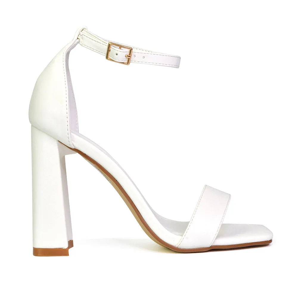 Kamryn Buckle Up Ankle Strap Square Toe Block High Heel Sandals in Fuchsia