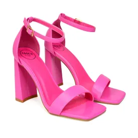 Kamryn Buckle Up Ankle Strap Square Toe Block High Heel Sandals in Fuchsia