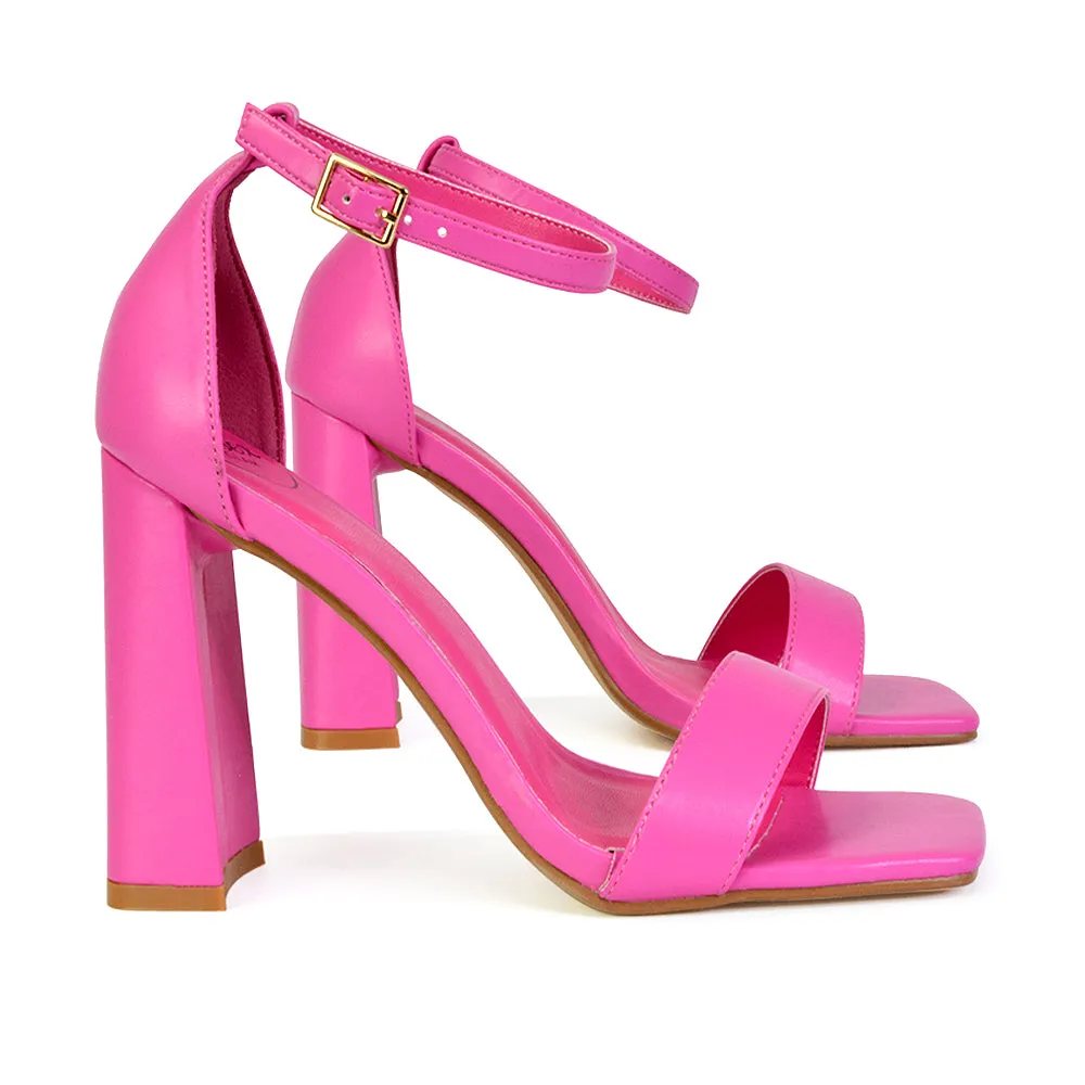 Kamryn Buckle Up Ankle Strap Square Toe Block High Heel Sandals in Fuchsia