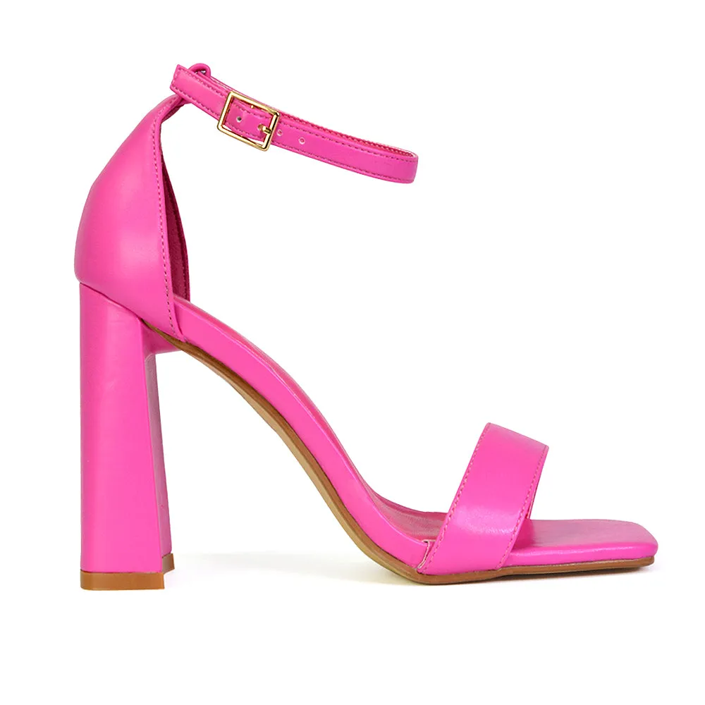 Kamryn Buckle Up Ankle Strap Square Toe Block High Heel Sandals in Fuchsia