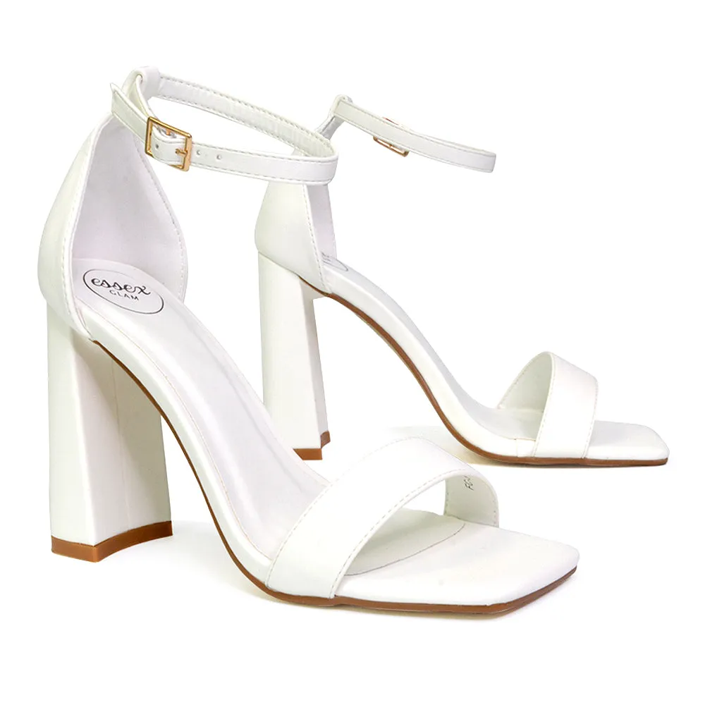Kamryn Buckle Up Ankle Strap Square Toe Block High Heel Sandals in Fuchsia