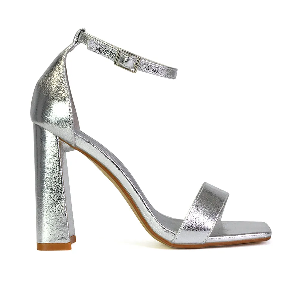 Kamryn Buckle Up Ankle Strap Square Toe Block High Heel Sandals in Fuchsia