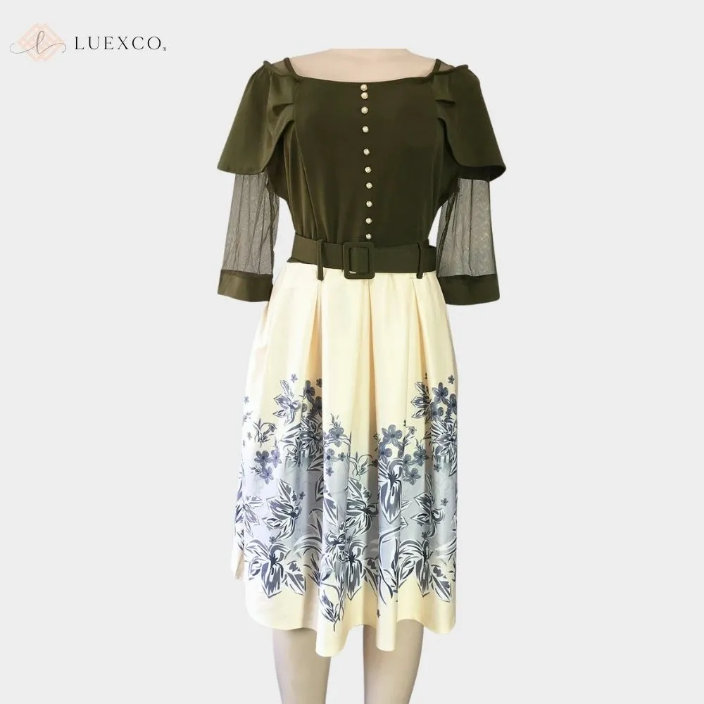 Luexco Elegant Outfit Floral Contrast Church Dress