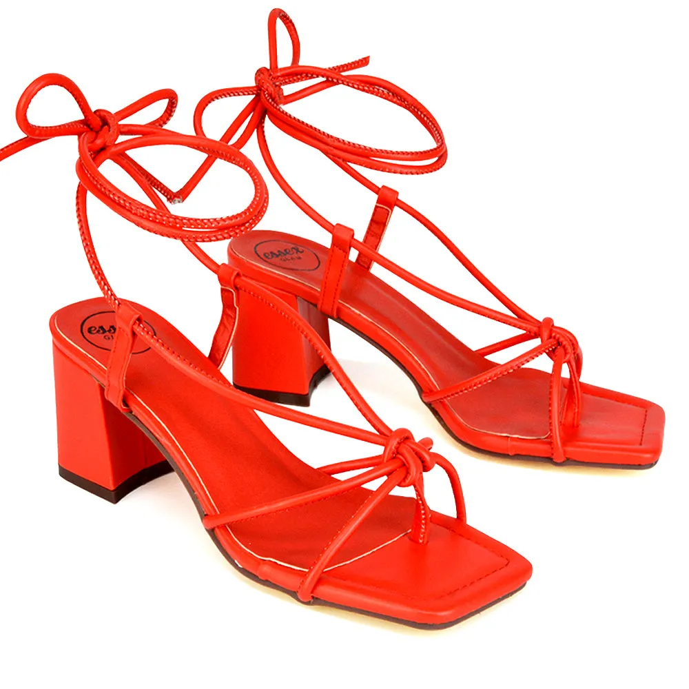 Mackenzie Square Toe Post Lace up Mid Block High Heel Sandals in White