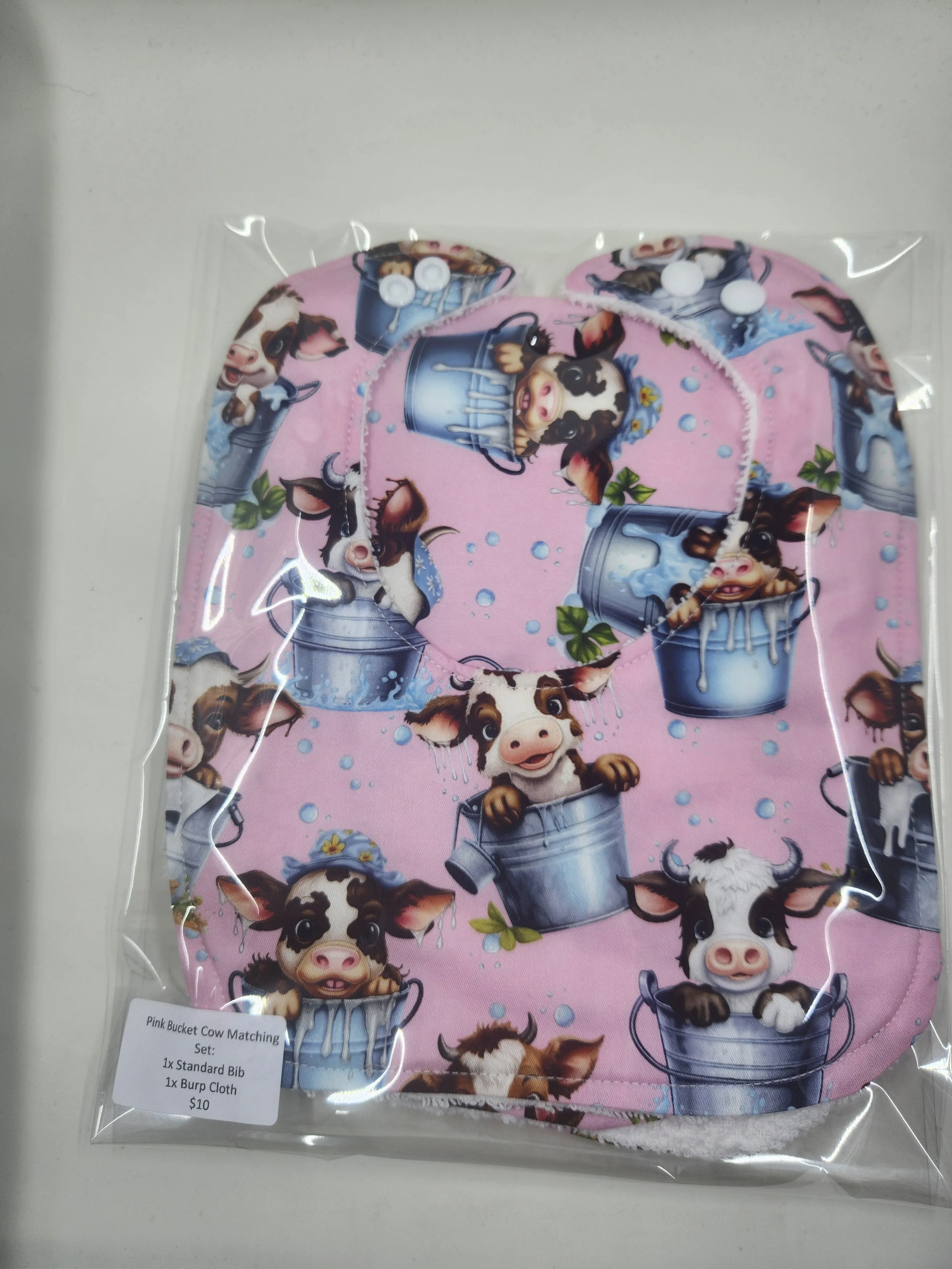 Pink Bucket Cow Bib   Burp Cloth Set