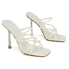 Raelynn Strappy Square Toe Metallic Stiletto High Heels in White Synthetic Leather
