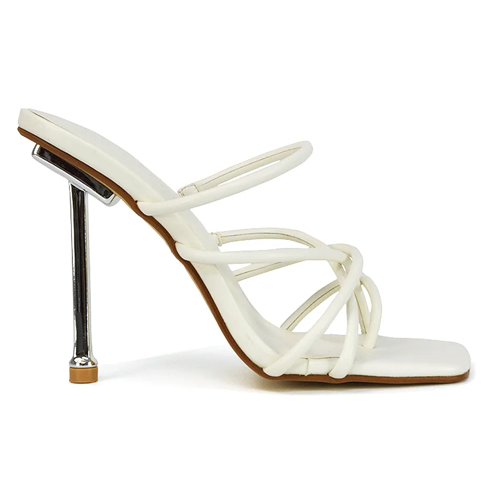 Raelynn Strappy Square Toe Metallic Stiletto High Heels in White Synthetic Leather