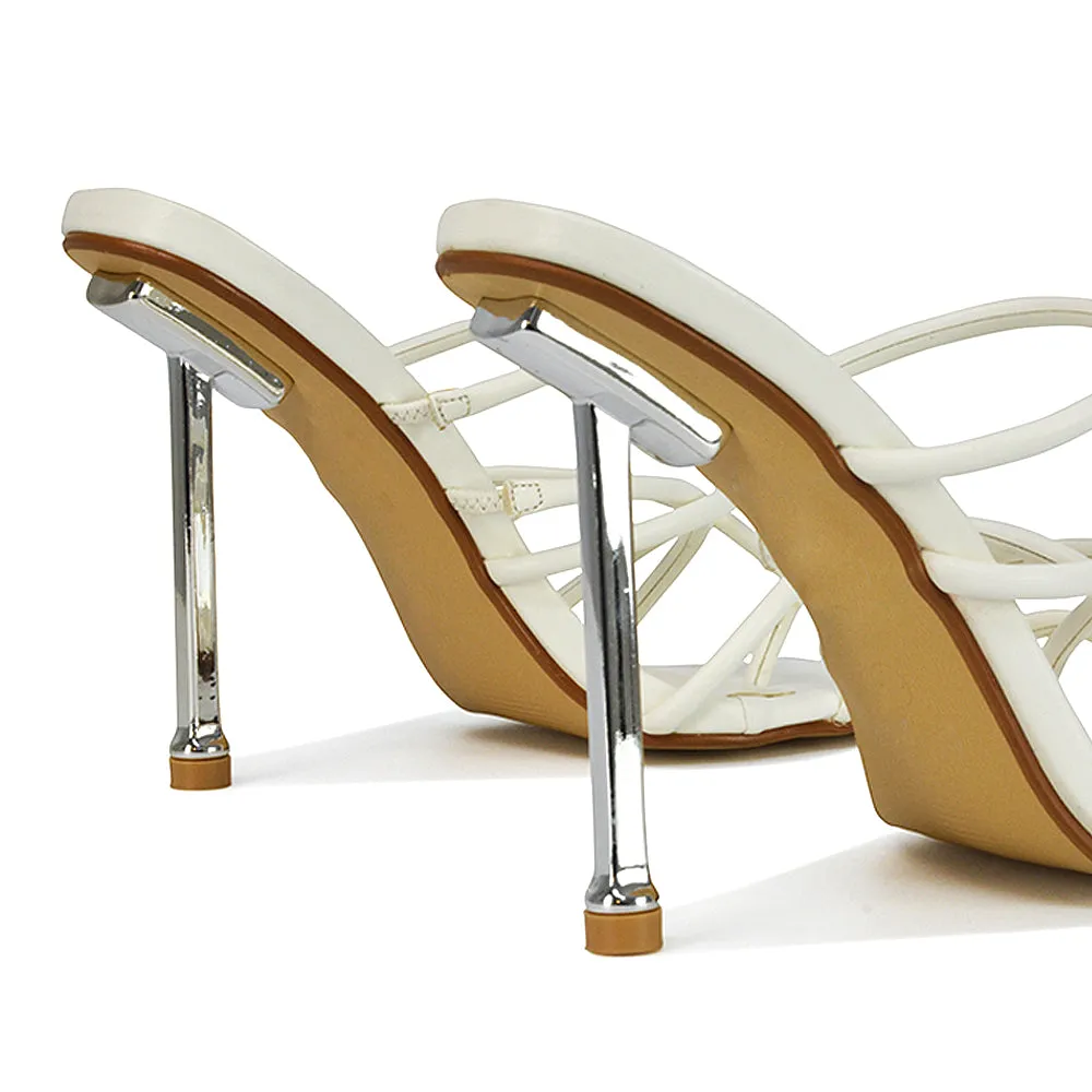 Raelynn Strappy Square Toe Metallic Stiletto High Heels in White Synthetic Leather