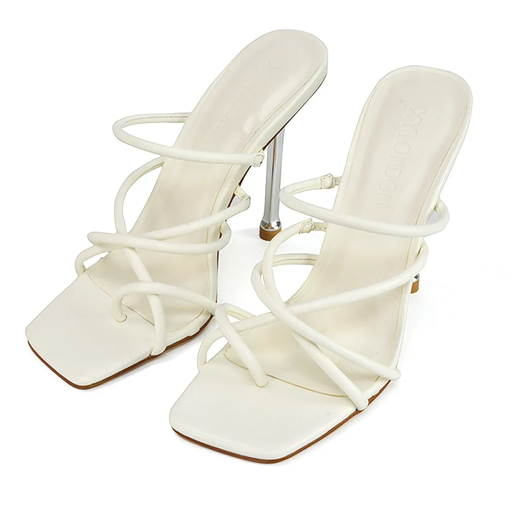 Raelynn Strappy Square Toe Metallic Stiletto High Heels in White Synthetic Leather
