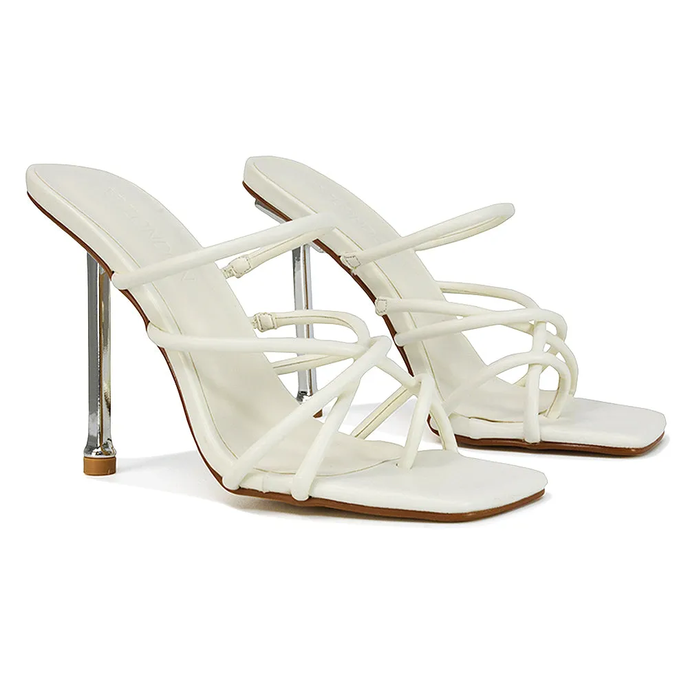 Raelynn Strappy Square Toe Metallic Stiletto High Heels in White Synthetic Leather