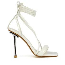 Rayne Lace Up Strappy Square Toe Metallic Stiletto High Heel Sandals in White Patent