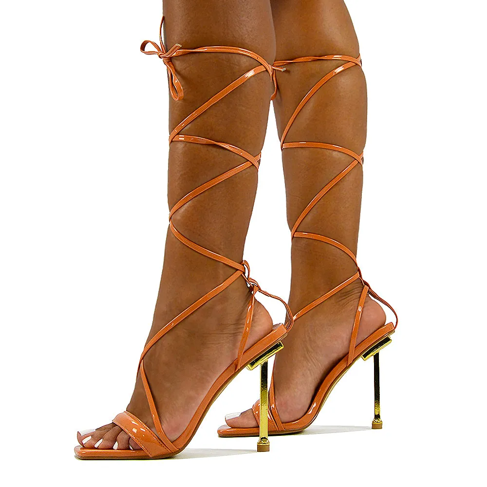 Rayne Lace Up Strappy Square Toe Metallic Stiletto High Heel Sandals in White Patent