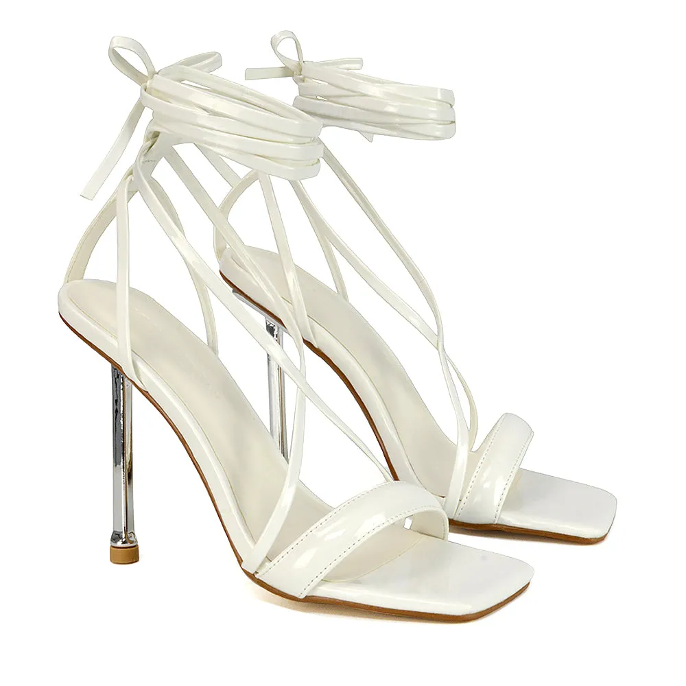 Rayne Lace Up Strappy Square Toe Metallic Stiletto High Heel Sandals in White Patent