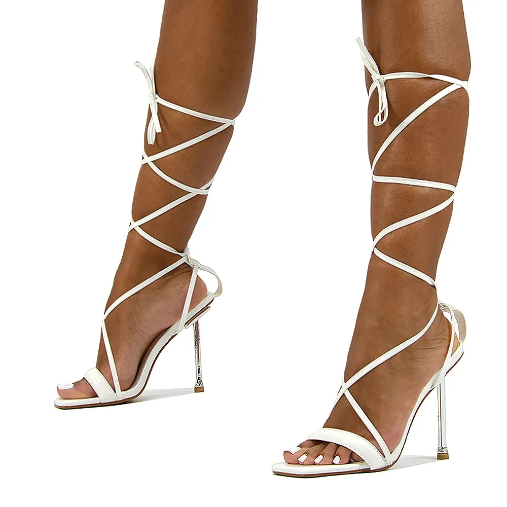 Rayne Lace Up Strappy Square Toe Metallic Stiletto High Heel Sandals in White Patent
