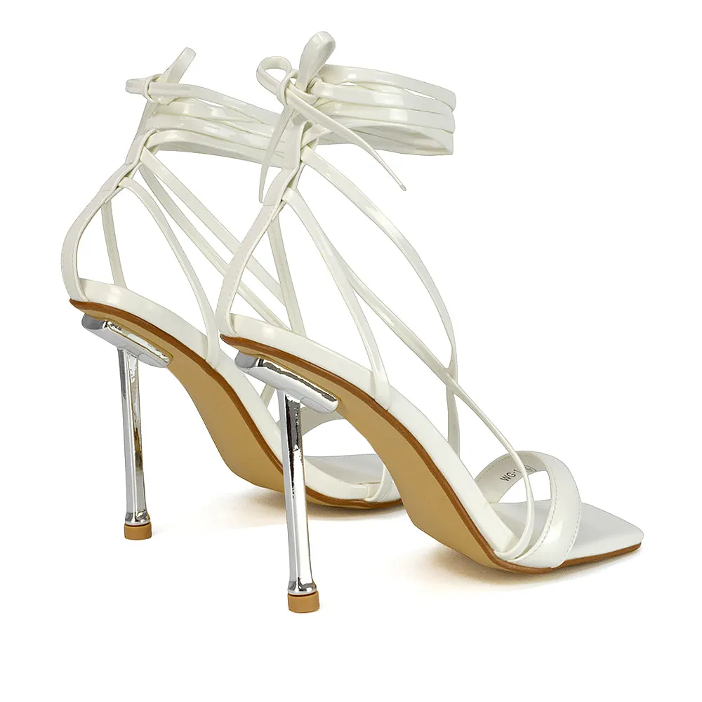 Rayne Lace Up Strappy Square Toe Metallic Stiletto High Heel Sandals in White Patent