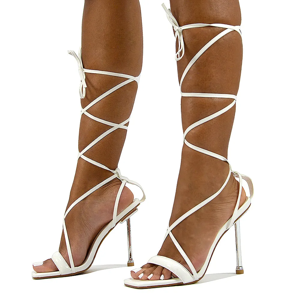 Rayne Lace Up Strappy Square Toe Metallic Stiletto High Heel Sandals in White Patent