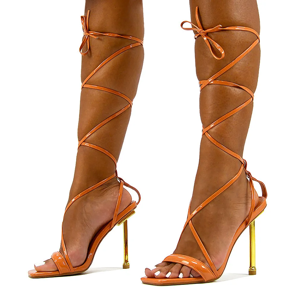 Rayne Lace Up Strappy Square Toe Metallic Stiletto High Heel Sandals in White Patent