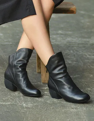 Real Leather Handmade Chunky Heels Boots