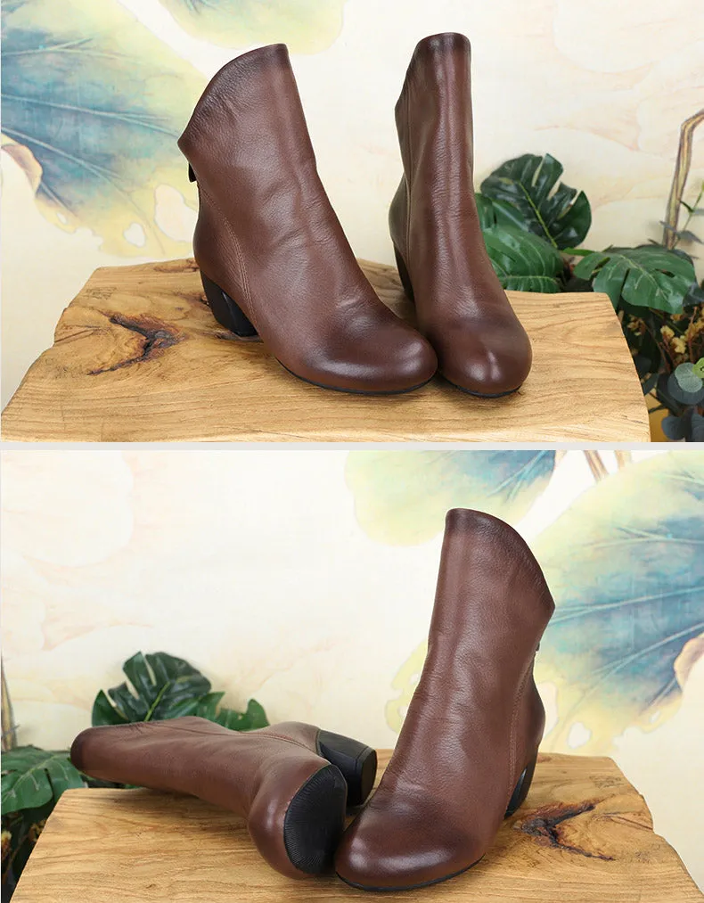 Real Leather Handmade Chunky Heels Boots