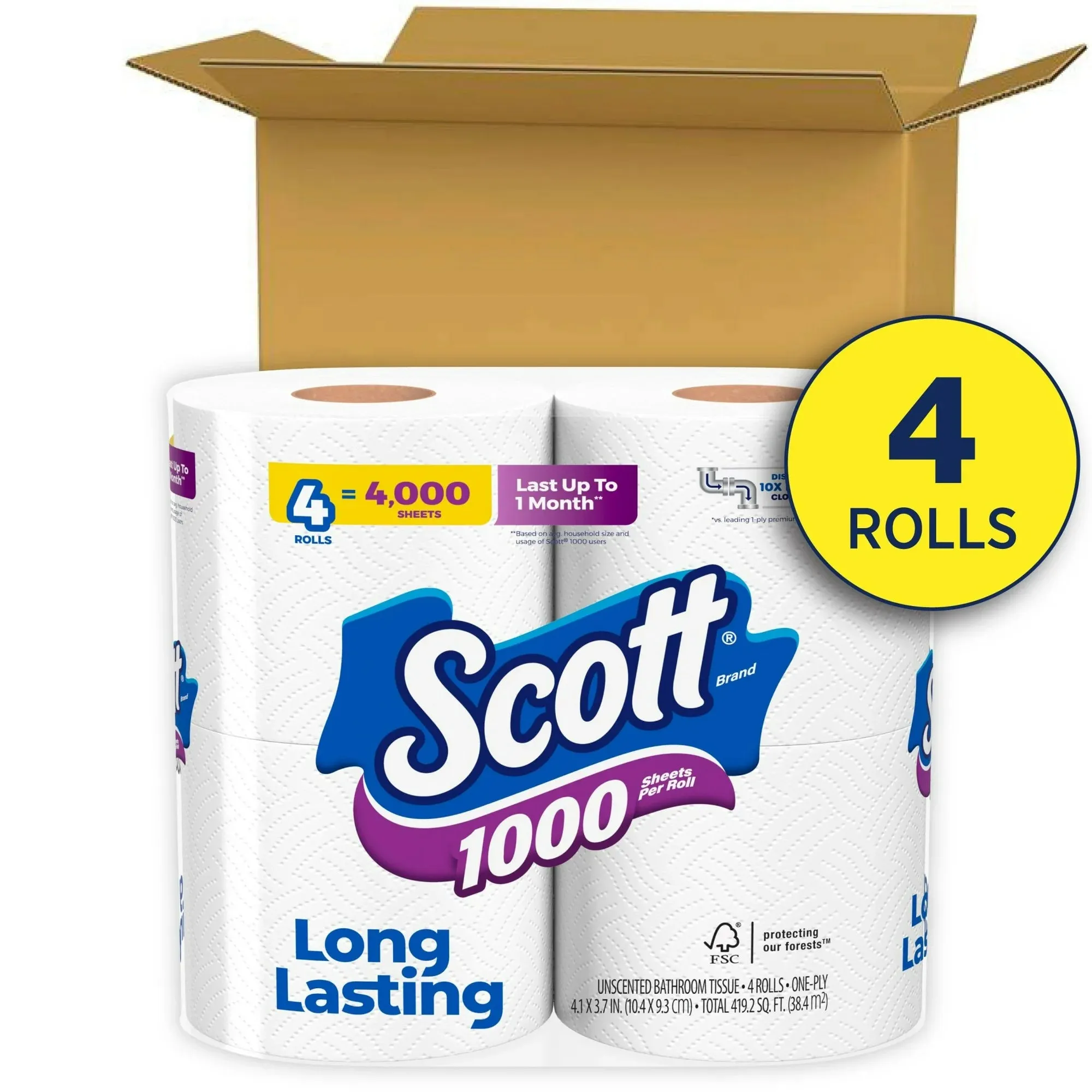 Scott 1000 Toilet Paper, 4 Rolls, 1,000 Sheets per Roll
