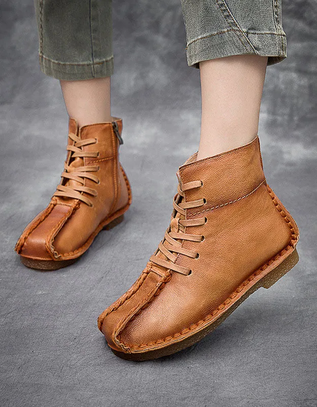 Square Toe Hand-Stitch Leather Retro Boots