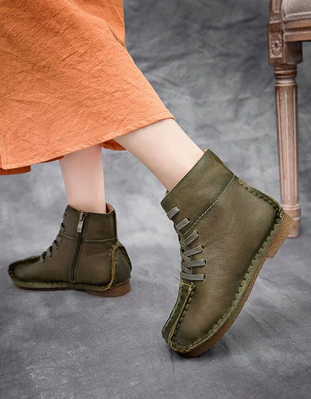 Square Toe Hand-Stitch Leather Retro Boots