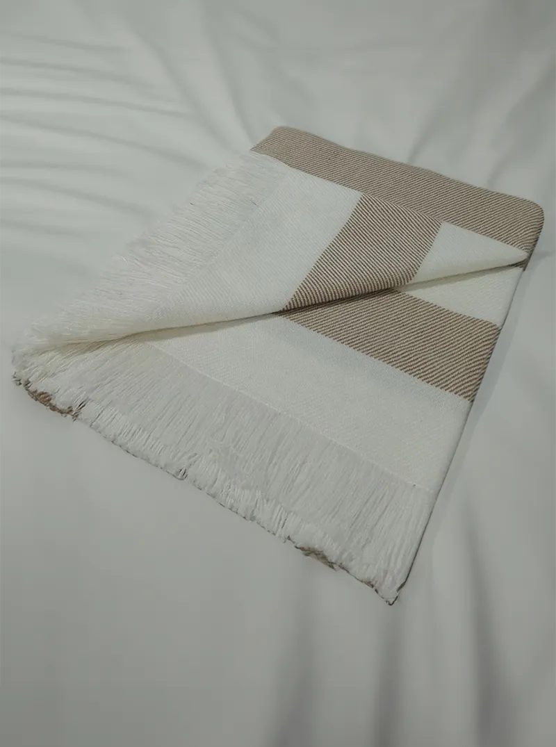 Striped Alpaca Throw Blanket with Fringes | White and Beige