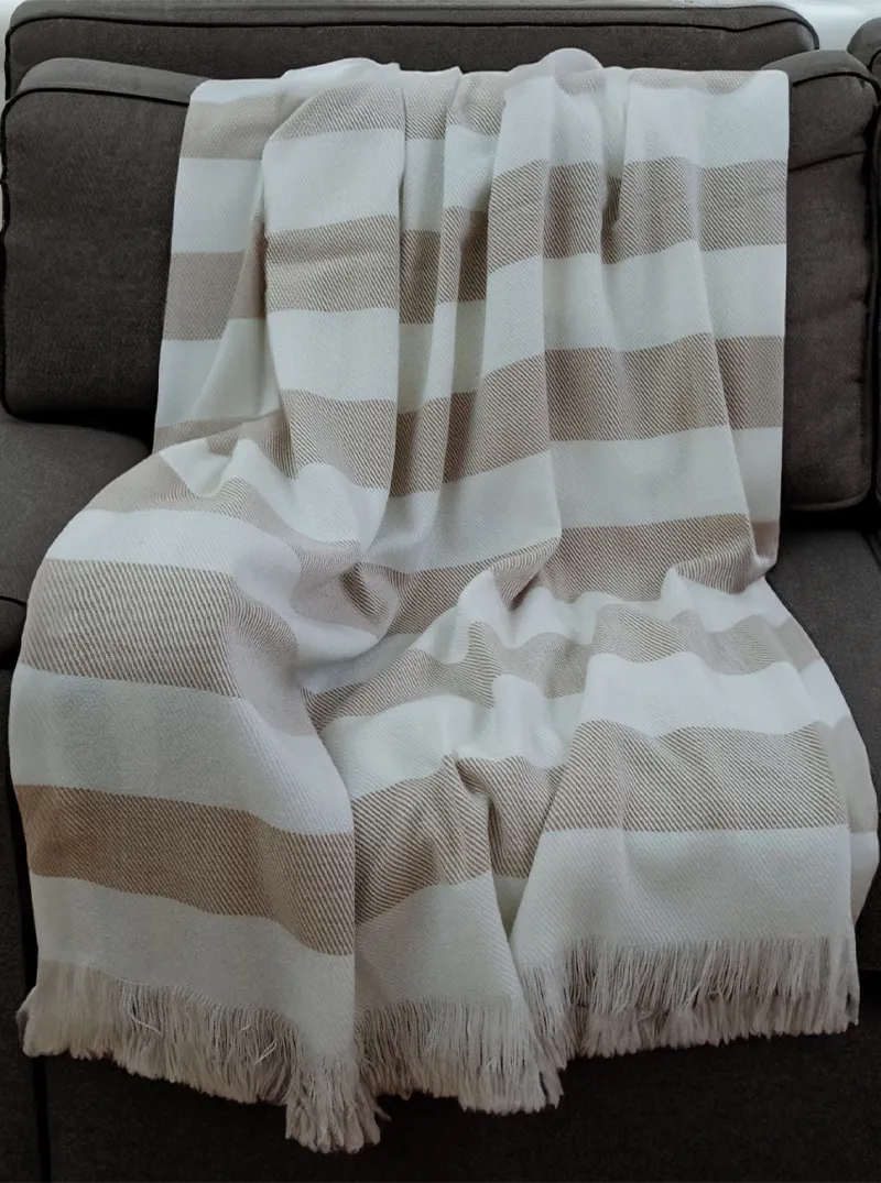 Striped Alpaca Throw Blanket with Fringes | White and Beige